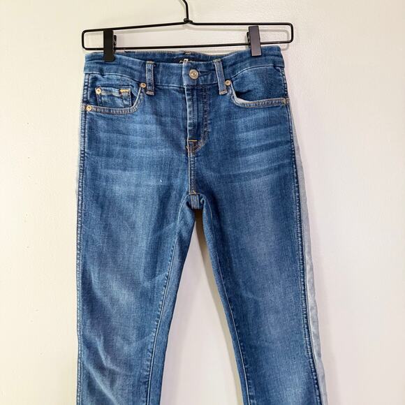 7 For All Mankind Two Toned Side Striped Skinny Leg Jeans Mid Rise Raw Hem Sz 24 - Picture 5 of 14